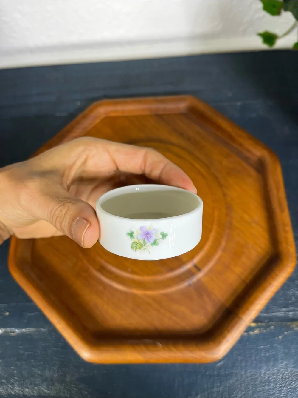 Vintage White Ceramic Trinket Dish with Purple Floral Design